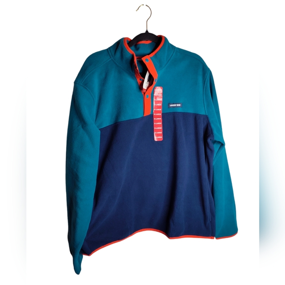 Lands' End Teal and Navy Colorblock Quarter-Snap Fleece Pullover